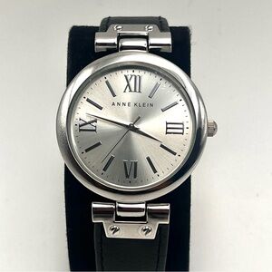 Anne Klein Womens Silver Dial Black Leather Strap Watch w New Battery